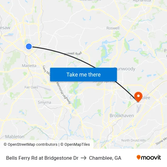 Bells Ferry Rd at Bridgestone Dr to Chamblee, GA map