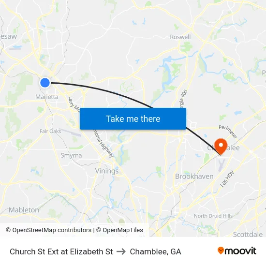 Church St Ext at Elizabeth St to Chamblee, GA map