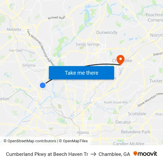 Cumberland Pkwy at Beech Haven Tr to Chamblee, GA map