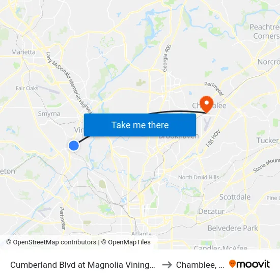 Cumberland Blvd at Magnolia Vinings Apts to Chamblee, GA map