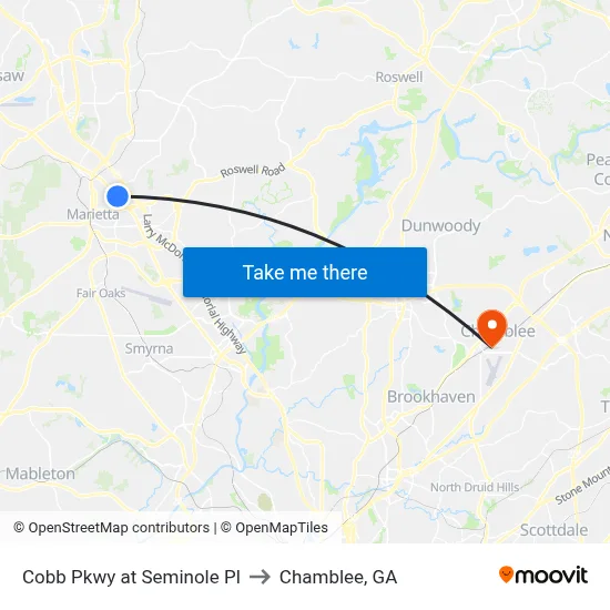 Cobb Pkwy at Seminole Pl to Chamblee, GA map
