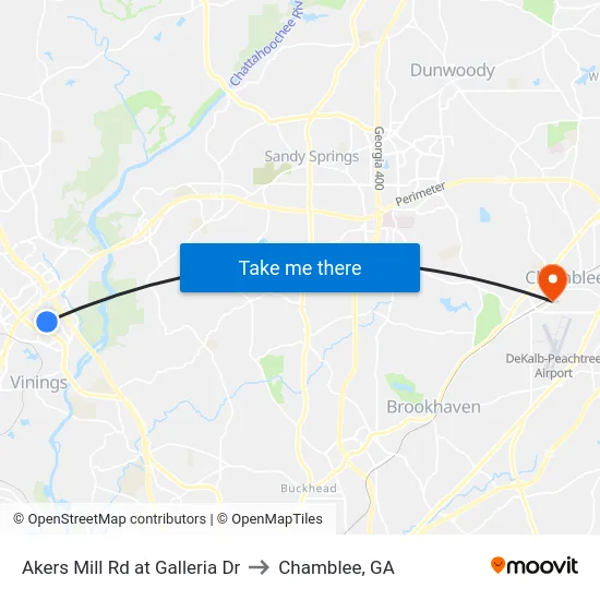 Akers Mill Rd at Galleria Dr to Chamblee, GA map