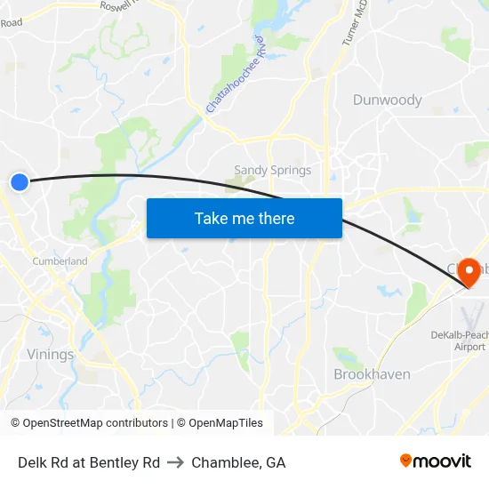 Delk Rd at Bentley Rd to Chamblee, GA map