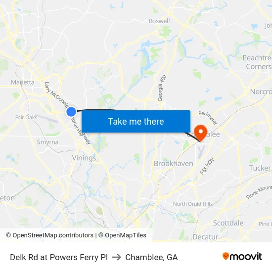 Delk Rd at Powers Ferry Pl to Chamblee, GA map