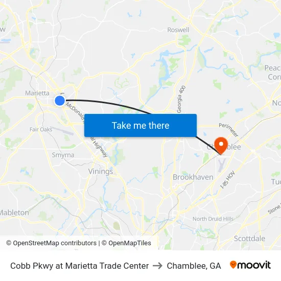 Cobb Pkwy at Marietta Trade Center to Chamblee, GA map