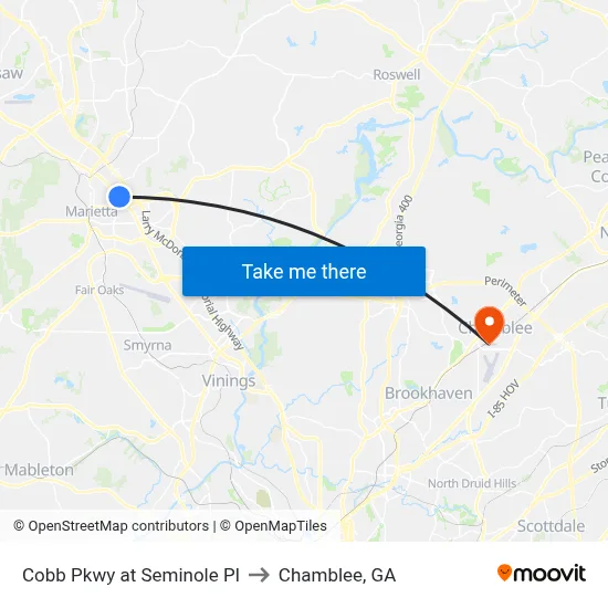Cobb Pkwy at Seminole Pl to Chamblee, GA map