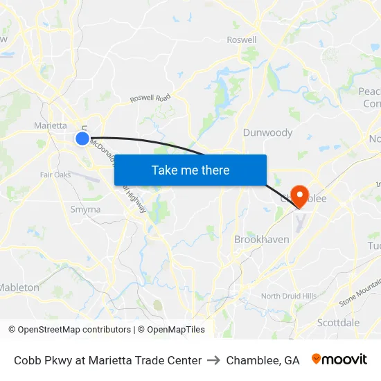 Cobb Pkwy at Marietta Trade Center to Chamblee, GA map