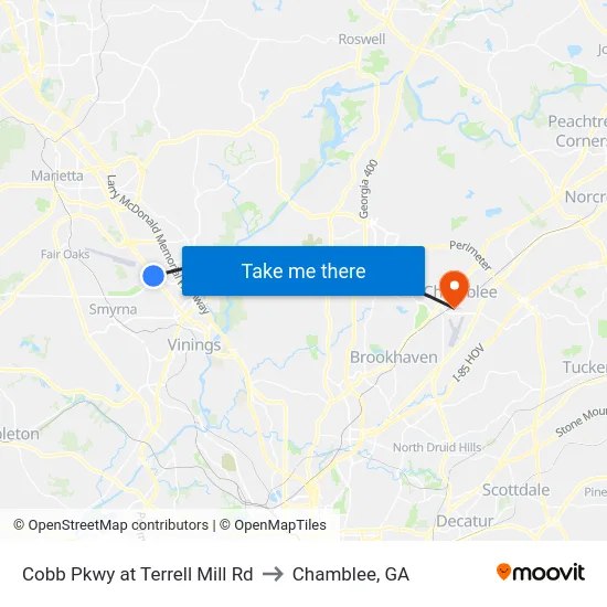 Cobb Pkwy at Terrell Mill Rd to Chamblee, GA map