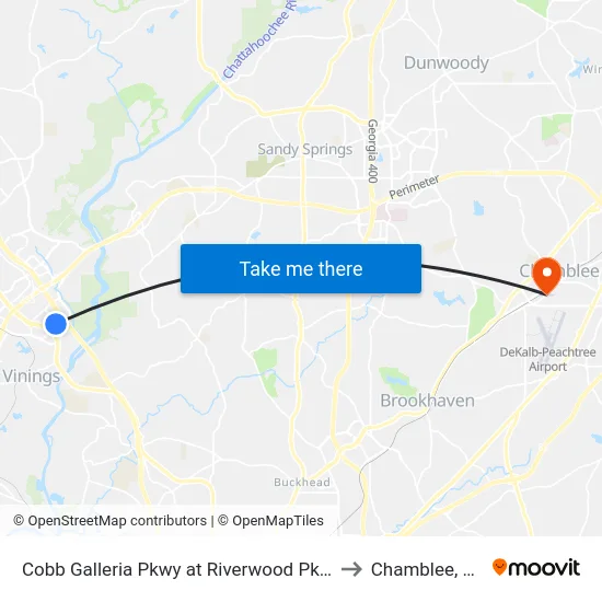 Cobb Galleria Pkwy at Riverwood Pkwy to Chamblee, GA map