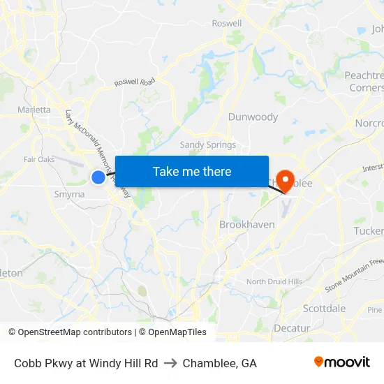 Cobb Pkwy at Windy Hill Rd to Chamblee, GA map
