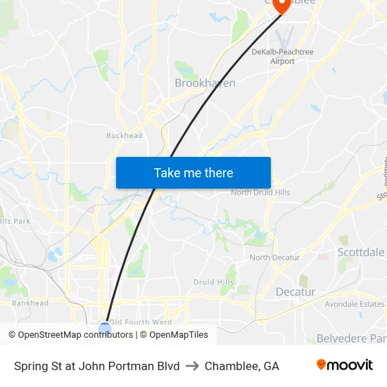 Spring St at John Portman Blvd to Chamblee, GA map