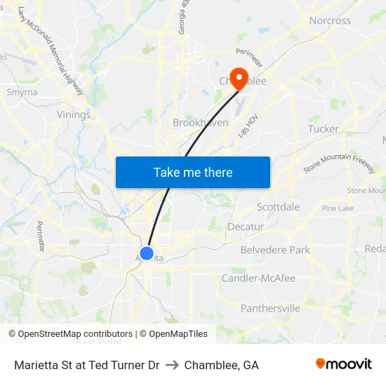 Marietta St at Ted Turner Dr to Chamblee, GA map