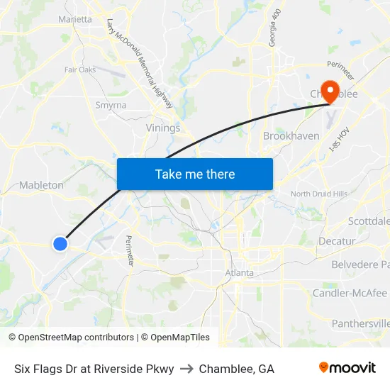 Six Flags Dr at Riverside Pkwy to Chamblee, GA map