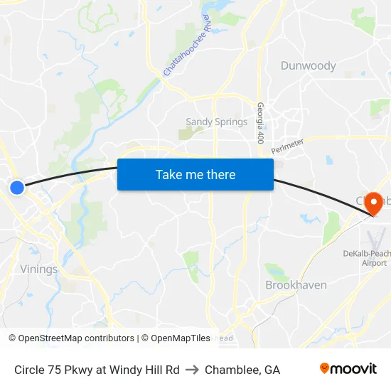 Circle 75 Pkwy at Windy Hill Rd to Chamblee, GA map