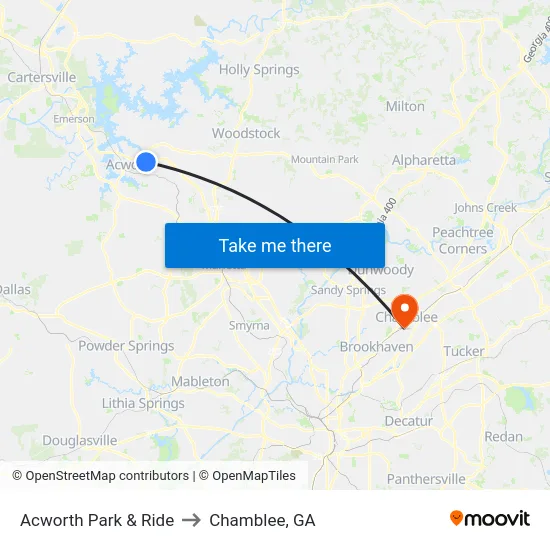 Acworth Park & Ride to Chamblee, GA map