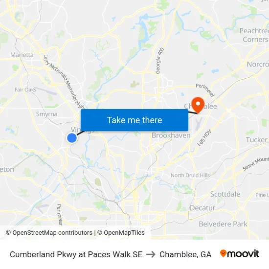 Cumberland Pkwy at Paces Walk SE to Chamblee, GA map