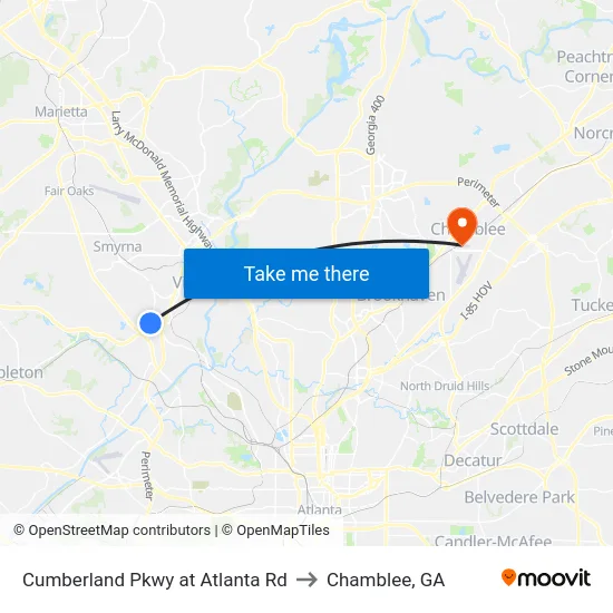 Cumberland Pkwy at Atlanta Rd to Chamblee, GA map