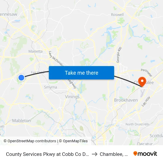 County Services Pkwy at Cobb Co Dot to Chamblee, GA map