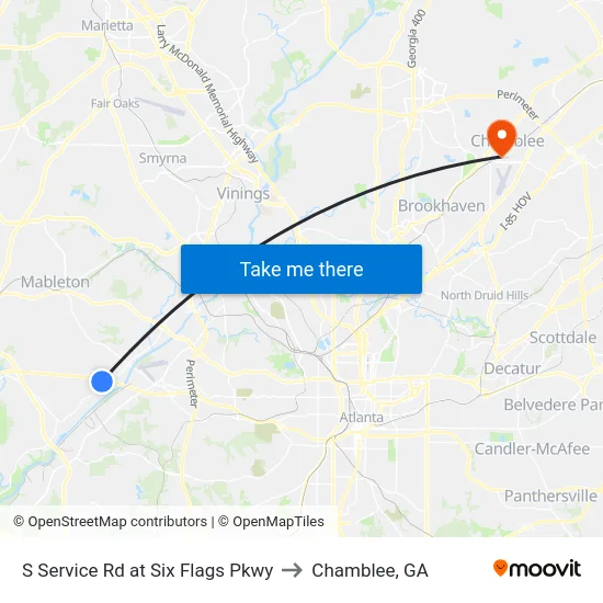 S Service Rd at Six Flags Pkwy to Chamblee, GA map