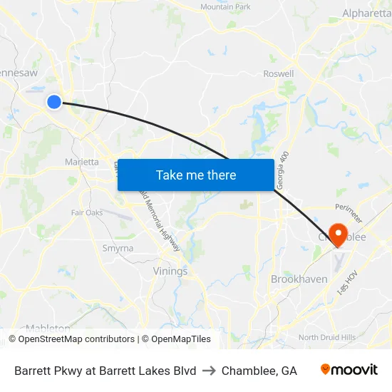 Barrett Pkwy at Barrett Lakes Blvd to Chamblee, GA map
