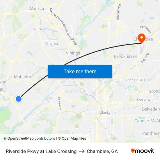 Riverside Pkwy at Lake Crossing to Chamblee, GA map
