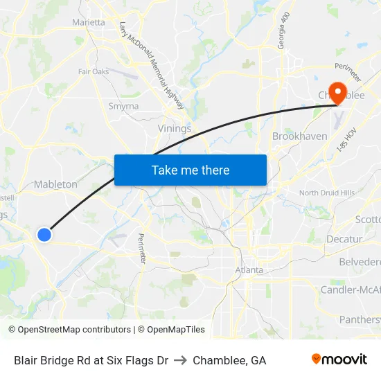 Blair Bridge Rd at Six Flags Dr to Chamblee, GA map