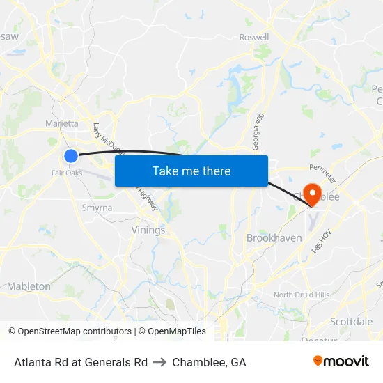 Atlanta Rd at Generals Rd to Chamblee, GA map