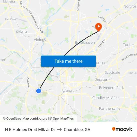 H E Holmes Dr at Mlk Jr Dr to Chamblee, GA map