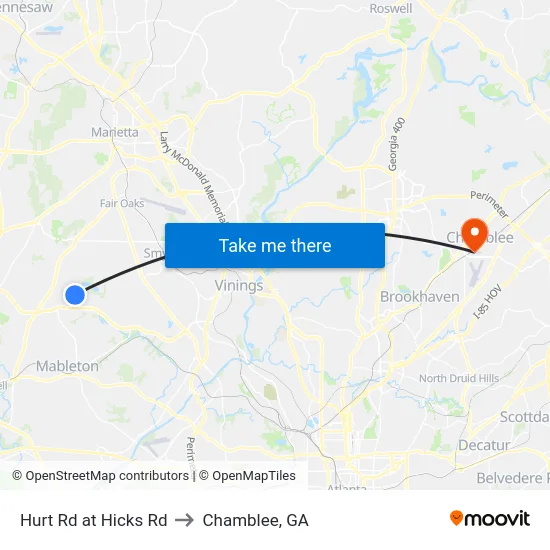 Hurt Rd at Hicks Rd to Chamblee, GA map