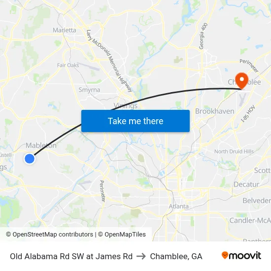 Old Alabama Rd SW at James Rd to Chamblee, GA map