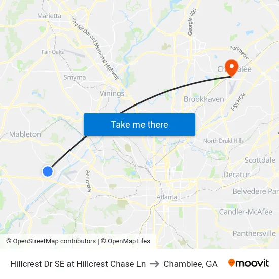 Hillcrest Dr SE at Hillcrest Chase Ln to Chamblee, GA map