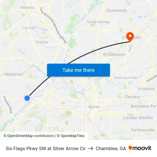 Six Flags Pkwy SW at Silver Arrow Cir to Chamblee, GA map