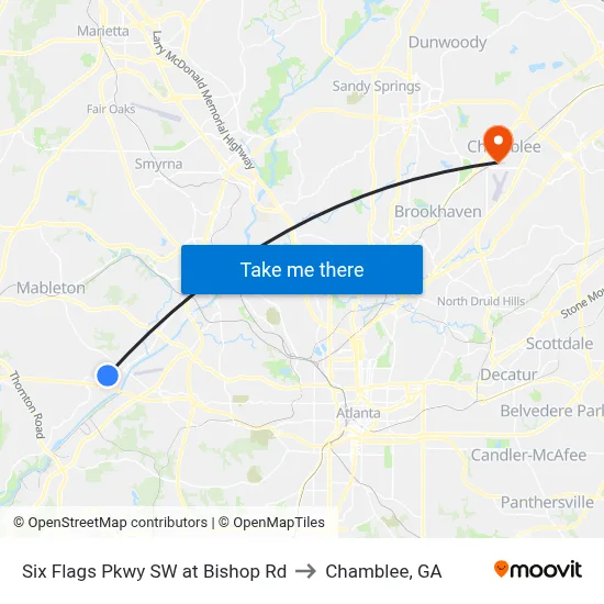 Six Flags Pkwy SW at Bishop Rd to Chamblee, GA map