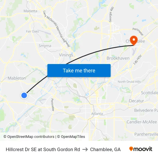 Hillcrest Dr SE at South Gordon Rd to Chamblee, GA map