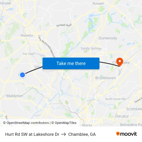 Hurt Rd SW at Lakeshore Dr to Chamblee, GA map