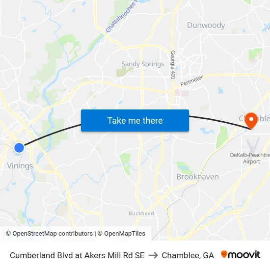 Cumberland Blvd at Akers Mill Rd SE to Chamblee, GA map