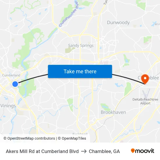 Akers Mill Rd at Cumberland Blvd to Chamblee, GA map