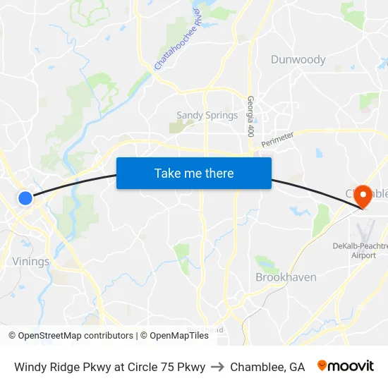 Windy Ridge Pkwy at Circle 75 Pkwy to Chamblee, GA map