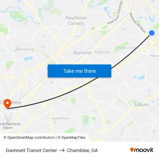Gwinnett Transit Center to Chamblee, GA map