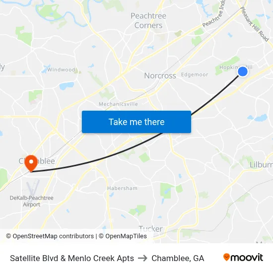 Satellite Blvd & Menlo Creek Apts to Chamblee, GA map