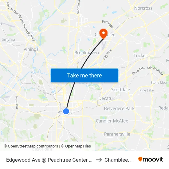 Edgewood Ave @ Peachtree Center Ave to Chamblee, GA map