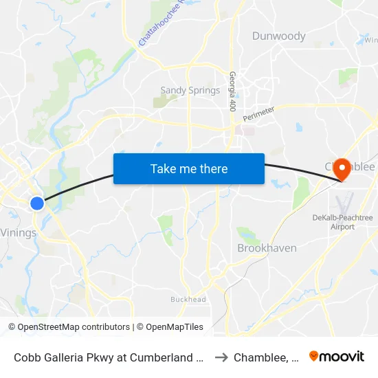 Cobb Galleria Pkwy at Cumberland Blvd to Chamblee, GA map