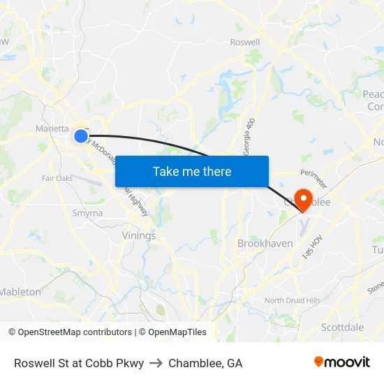 Roswell St at Cobb Pkwy to Chamblee, GA map