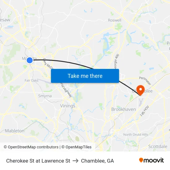 Cherokee St at Lawrence St to Chamblee, GA map