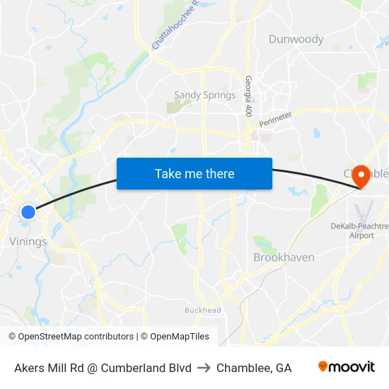 Akers Mill Rd @ Cumberland Blvd to Chamblee, GA map