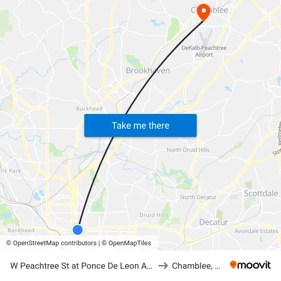 W Peachtree St at Ponce De Leon Ave to Chamblee, GA map