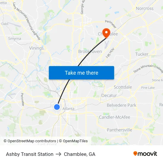 Ashby Transit Station to Chamblee, GA map