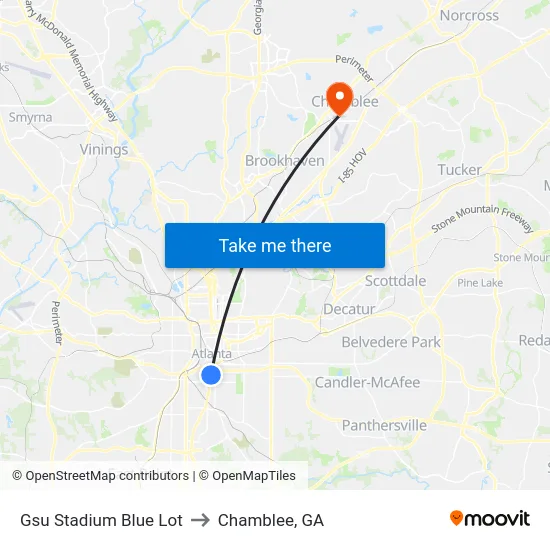 Gsu Stadium Blue Lot to Chamblee, GA map