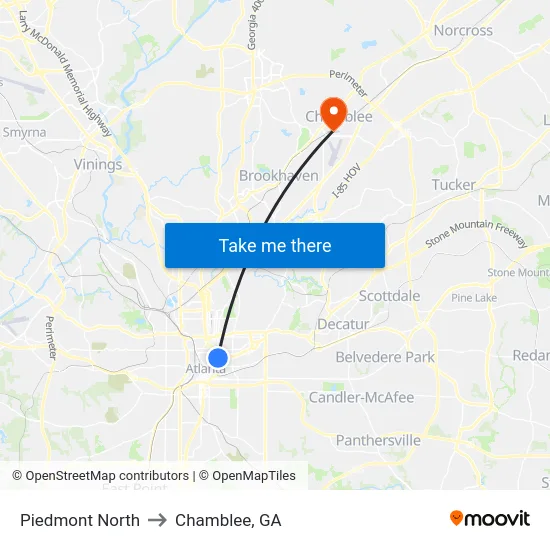 Piedmont North to Chamblee, GA map