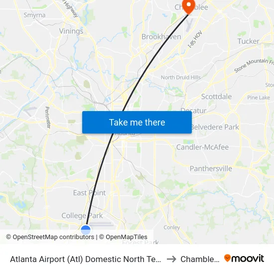 Atlanta Airport (Atl) Domestic North Terminal Dropoffs to Chamblee, GA map